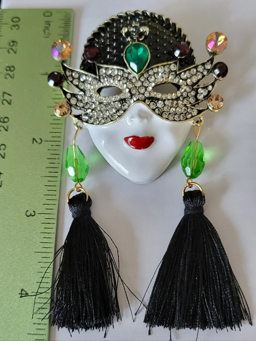 Bold Masquerade Mask Face Tassel Brooch- Black and Green Enamel & Rhinestones